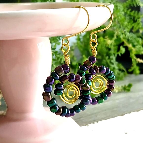 Metallic Rainbow Beaded Swirl Dangle Earrings, Statement Boho Chic OOAK 2" - Picture 1 of 5